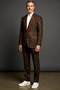 Leopard Print Blazer with Peak Lapels — leopard print in dark brown and black with orange highlights