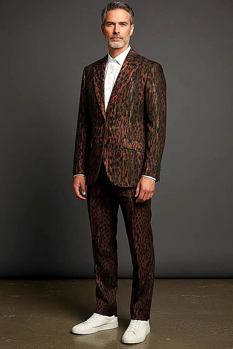 Leopard Print Blazer with Peak Lapels — leopard print in dark brown and black with orange highlights