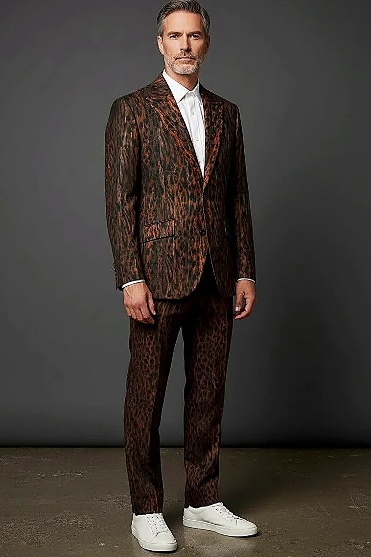 leopard print in dark brown and black with orange highlights