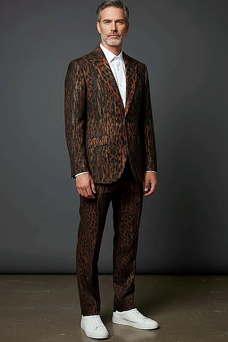 leopard print in dark brown and black with orange highlights, on this leopard Print Blazer with Peak Lapels