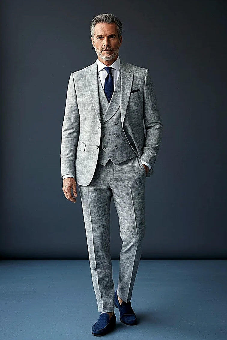 a breathable linen blend in a light gray three-piece, on this light Gray Linen-Blend Three-Piece Suit
