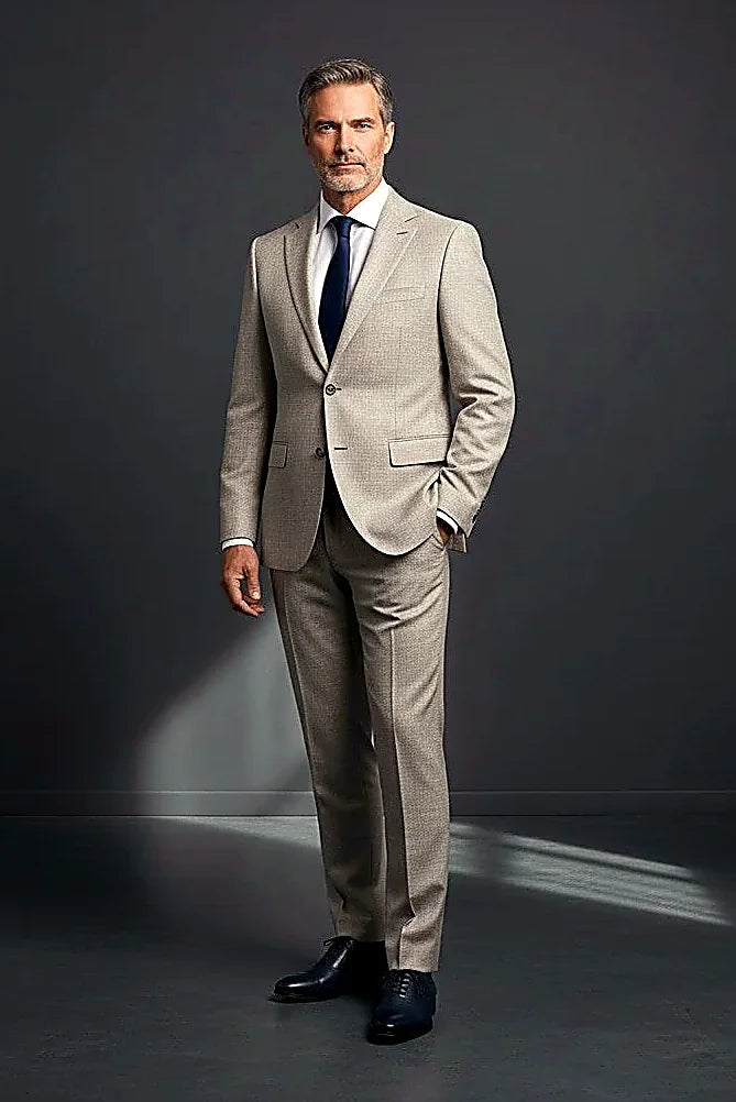 Light Gray Linen-Blend Three-Piece Suit showing a breathable linen blend in a light gray three-piece