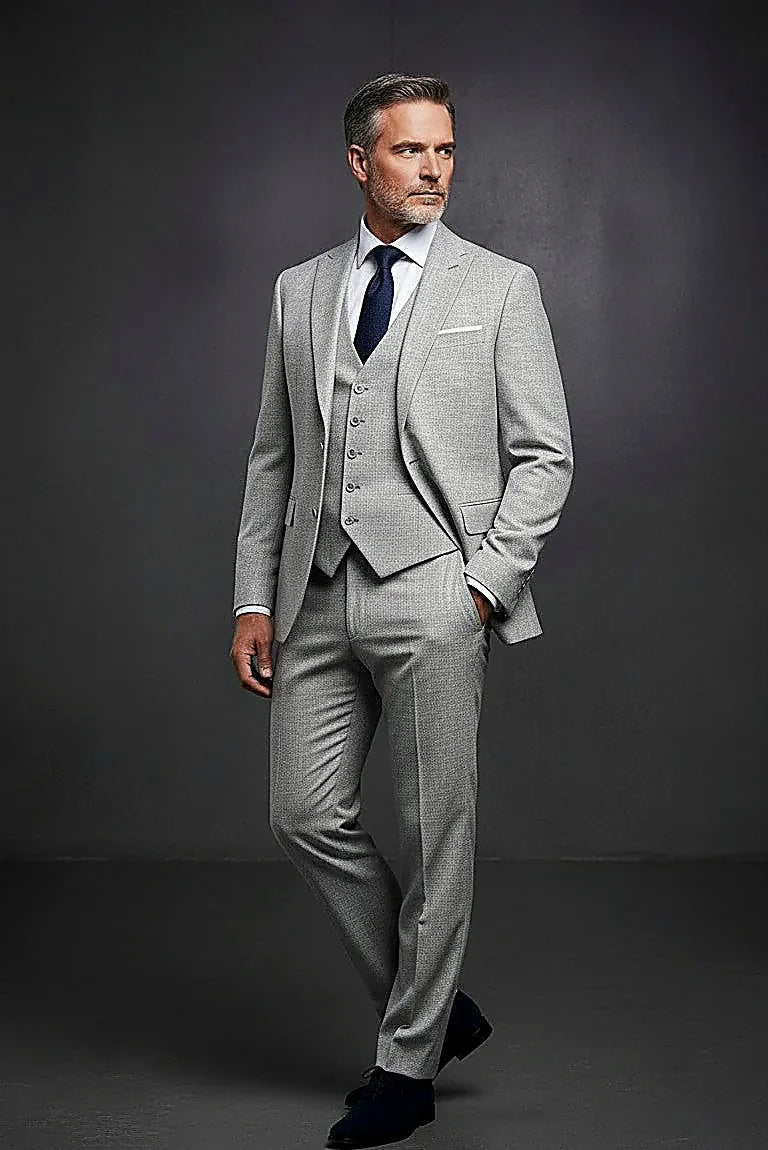 a breathable linen blend in a light gray three-piece