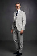 Light Gray Linen-Blend Three-Piece Suit — a breathable linen blend in a light gray three-piece