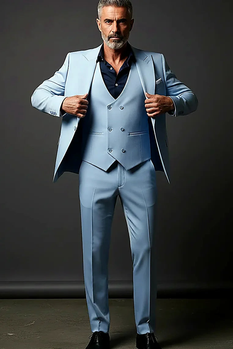 Light Blue Three-Piece Suit showing peak lapels above a six-button double-breasted waistcoat