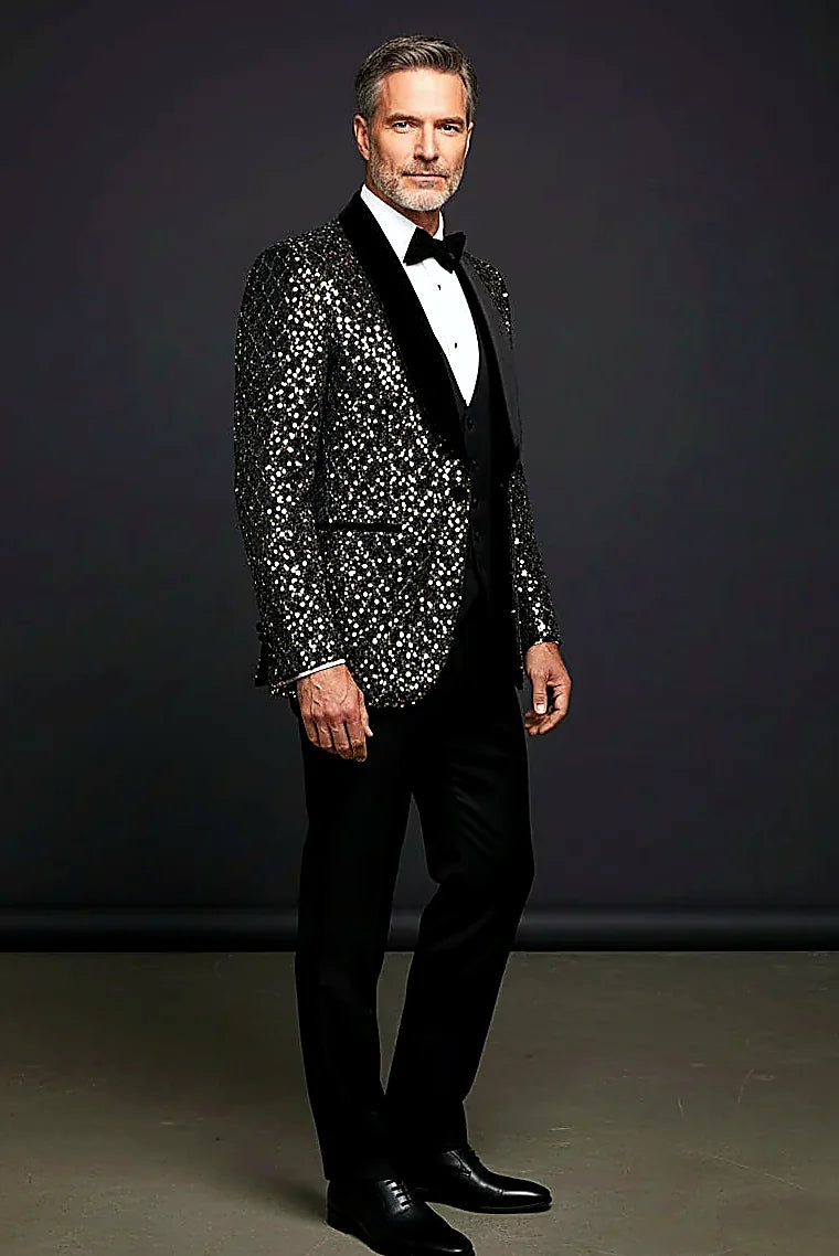 Sequin Tuxedo showing dazzling sequins over a stretch-blend ground