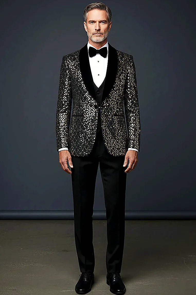 Sequin Tuxedo — dazzling sequins over a stretch-blend ground