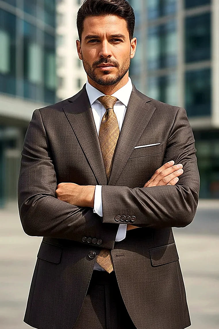 deep chocolate wool with a soft sheen and a welt chest pocket, on this chocolate Brown Wool Suit