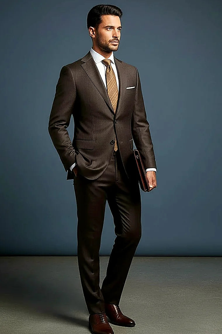 Chocolate Brown Wool Suit showing deep chocolate wool with a soft sheen and a welt chest pocket