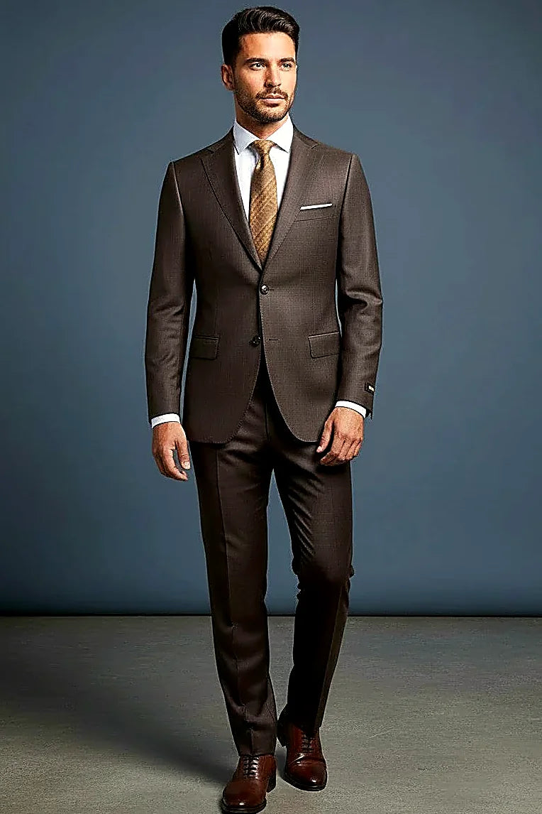 Chocolate Brown Wool Suit — deep chocolate wool with a soft sheen and a welt chest pocket