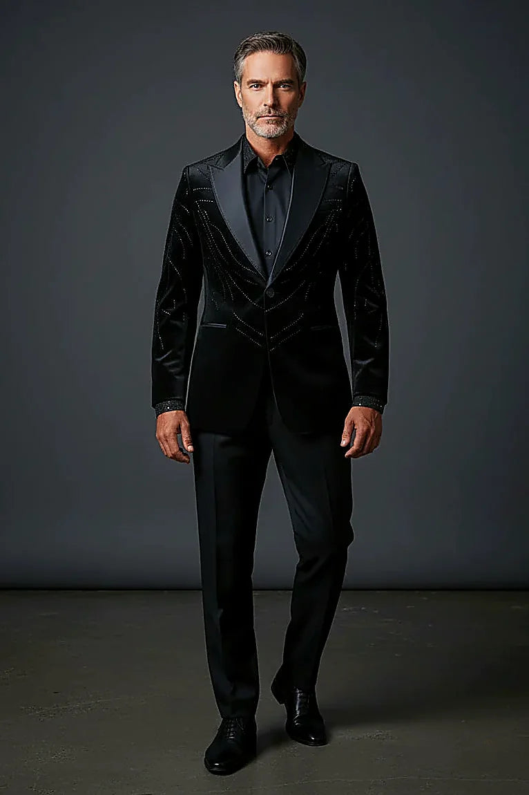 Men’s Black Velvet Statement Jacket with Crystal Detailing