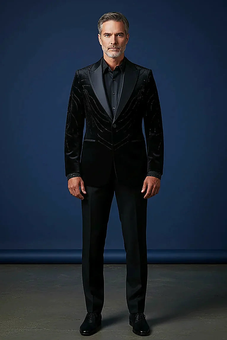 Men’s Black Velvet Statement Jacket with Crystal Detailing