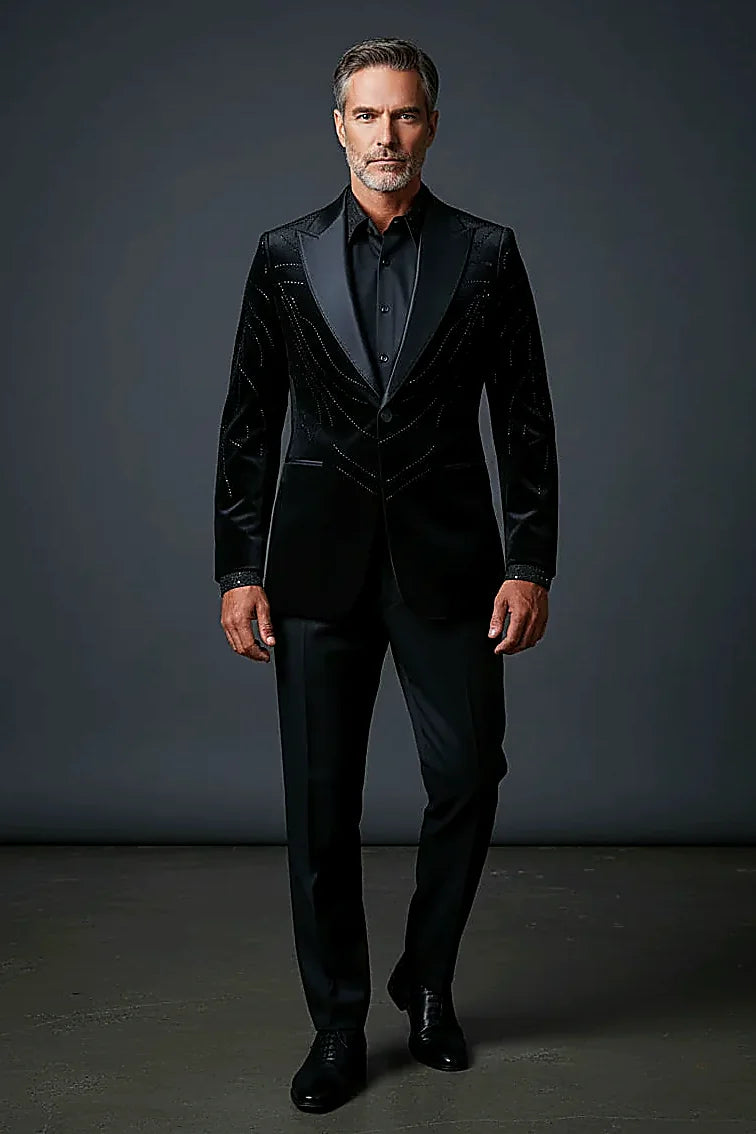 Black Velvet Jacket with Crystal Detailing — hand-placed crystals flowing across soft black velvet
