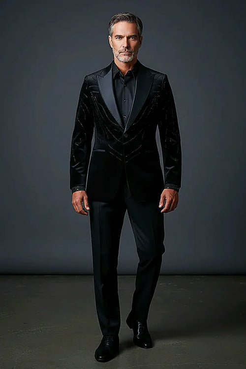 Black Velvet Jacket with Crystal Detailing — hand-placed crystals flowing across soft black velvet