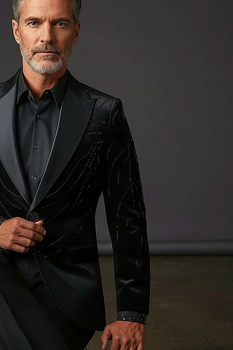 hand-placed crystals flowing across soft black velvet, on this black Velvet Jacket with Crystal Detailing