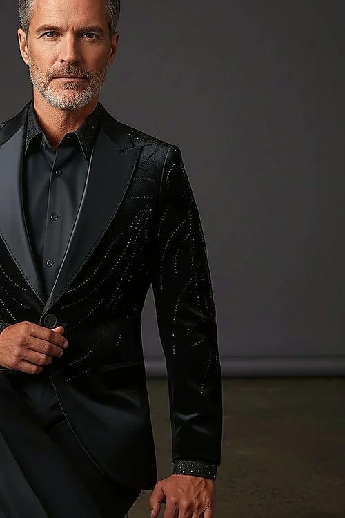 hand-placed crystals flowing across soft black velvet, on this black Velvet Jacket with Crystal Detailing