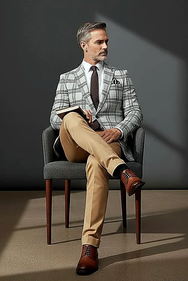 Men's Cream Plaid Suit with Bow Tie - Classic Tailored Blazer Set