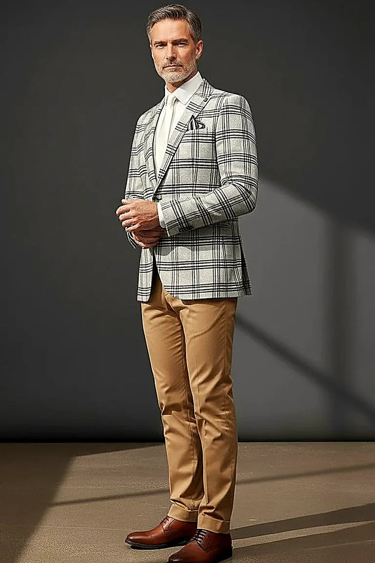 Cream and Brown Plaid Suit with Bow Tie — a warm cream and brown plaid check with a grey bow tie