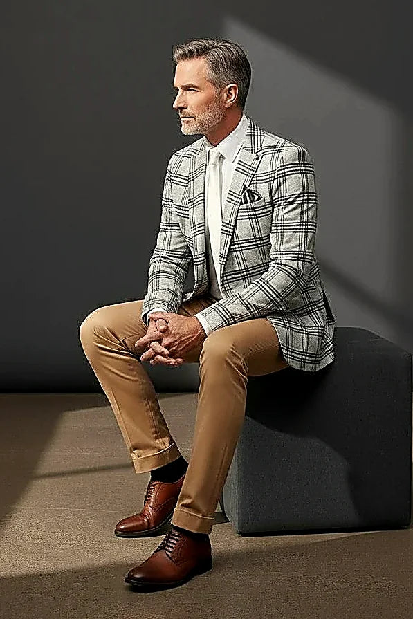 a warm cream and brown plaid check with a grey bow tie, on this cream and Brown Plaid Suit with Bow Tie