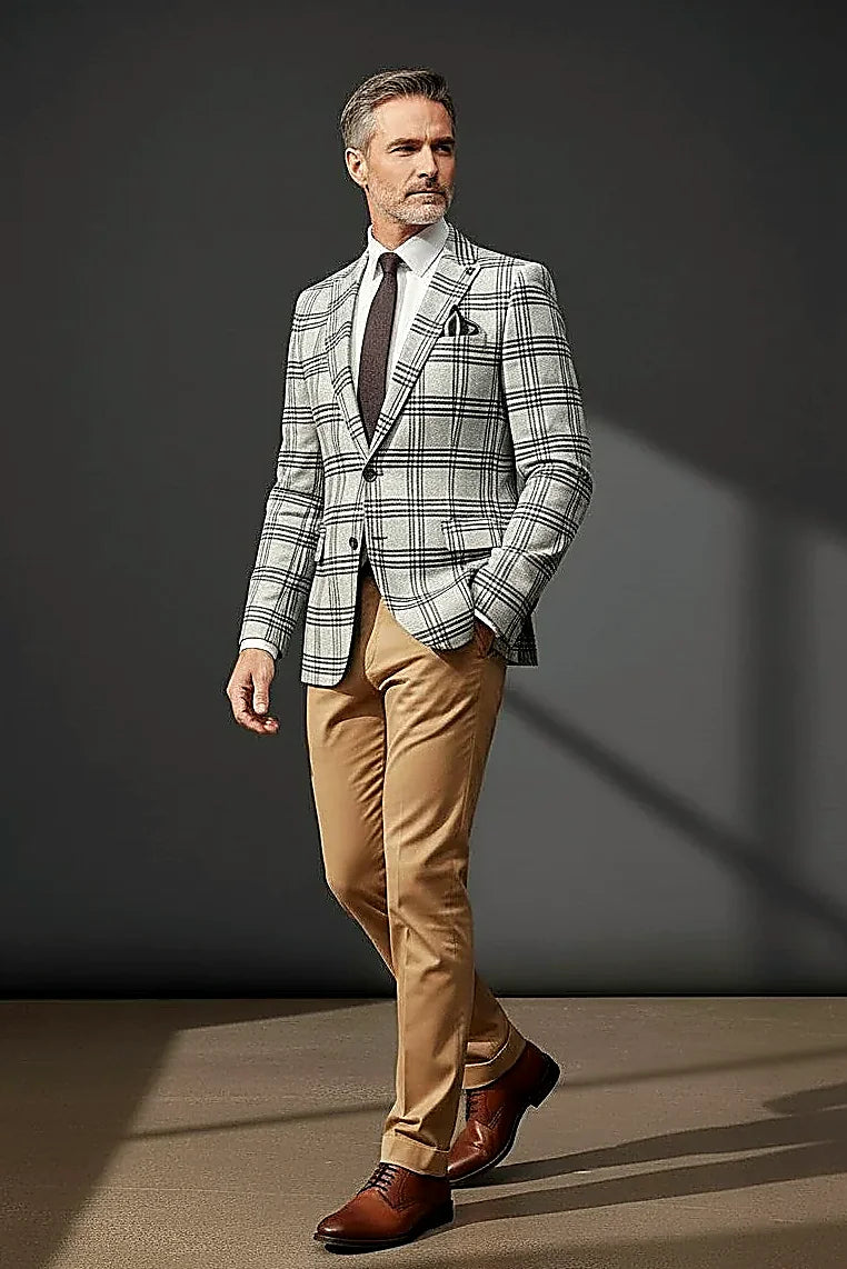 a warm cream and brown plaid check with a grey bow tie