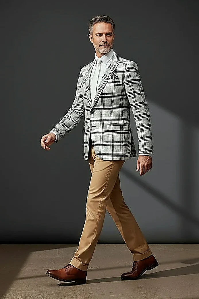 Cream and Brown Plaid Suit with Bow Tie showing a warm cream and brown plaid check with a grey bow tie