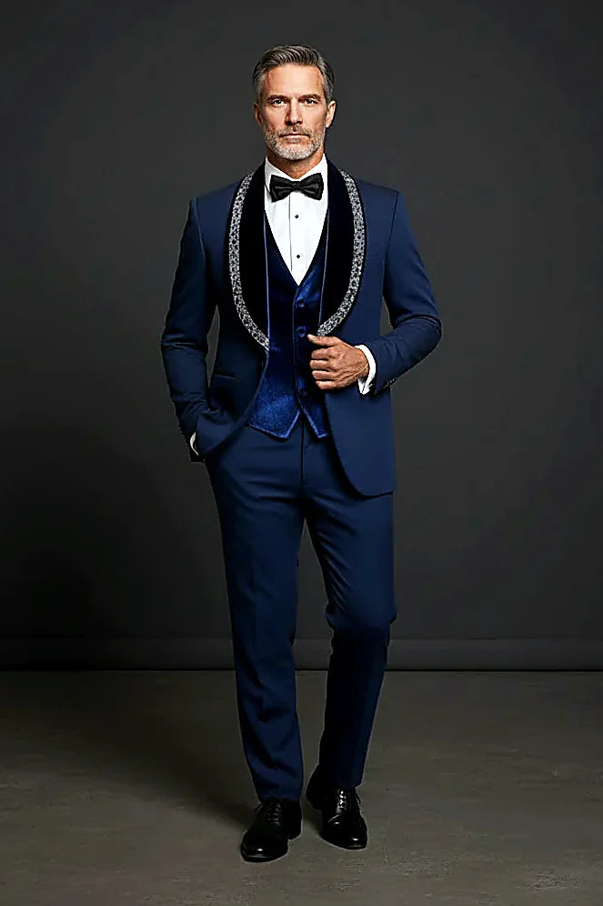 Men's Deep Blue Velvet Tuxedo with Crystal Embellished Lapel -