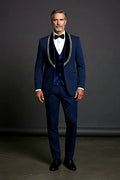 Deep Blue Velvet Tuxedo — hand-applied crystals catching light along a velvet shawl lapel