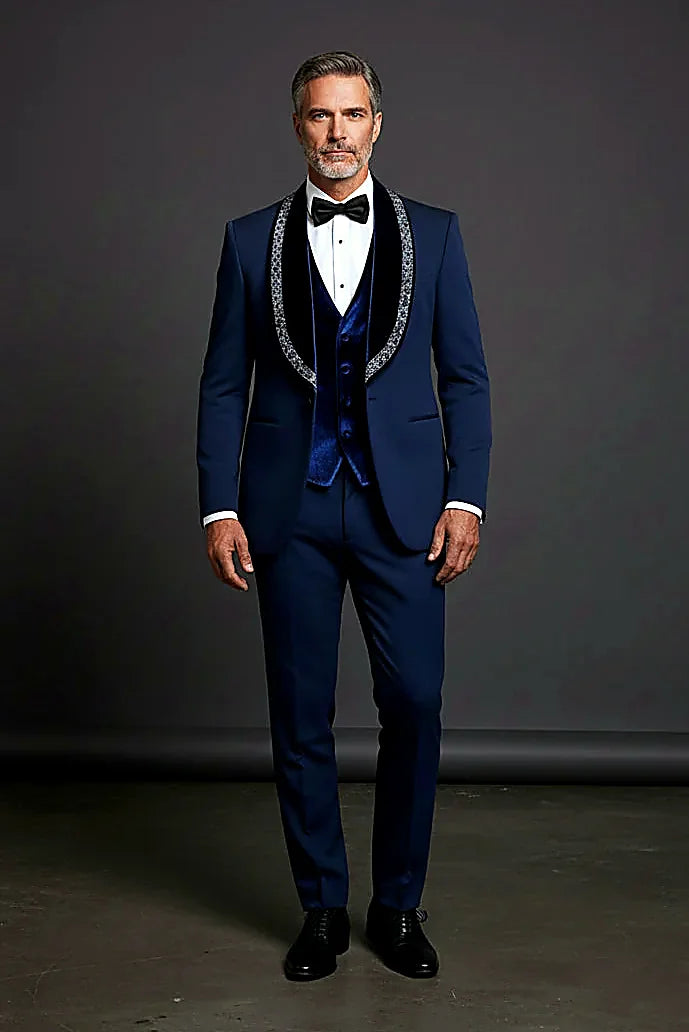 Deep Blue Velvet Tuxedo — hand-applied crystals catching light along a velvet shawl lapel