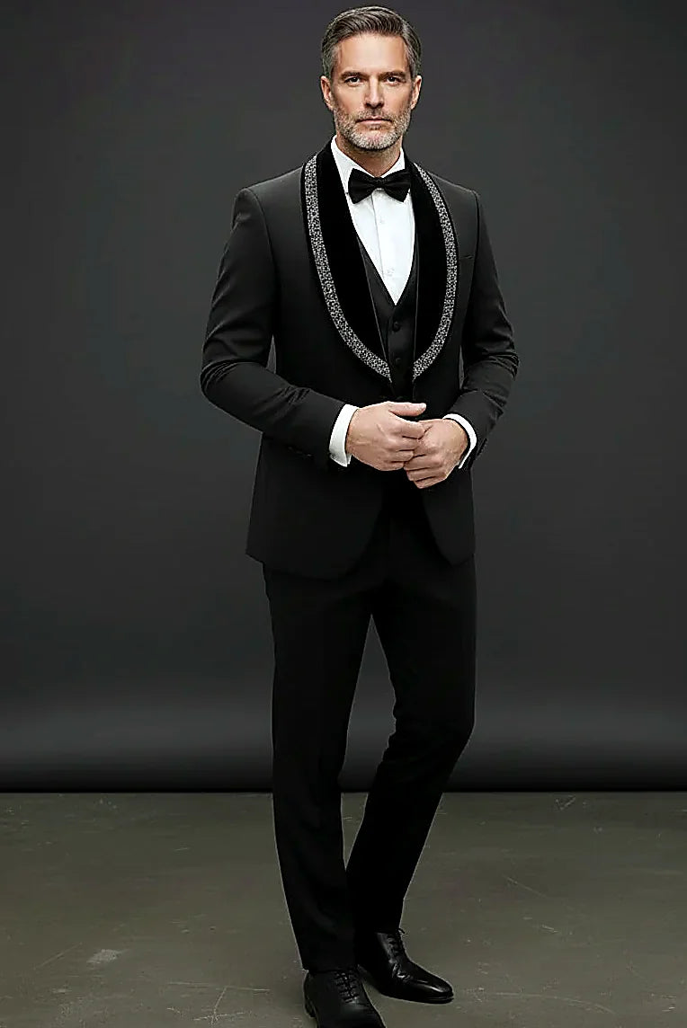 Men's Deep Blue Velvet Tuxedo with Crystal Embellished Lapel -