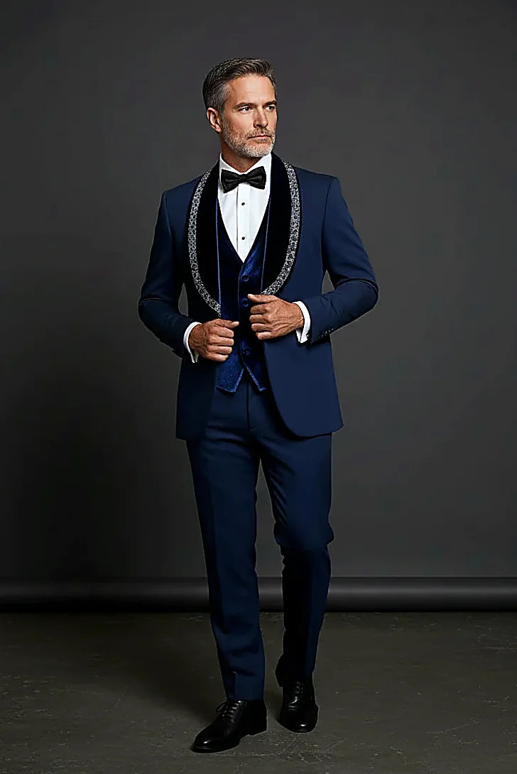 Men's Deep Blue Velvet Tuxedo with Crystal Embellished Lapel -
