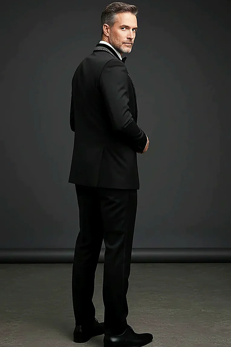 Men's Deep Blue Velvet Tuxedo with Crystal Embellished Lapel -