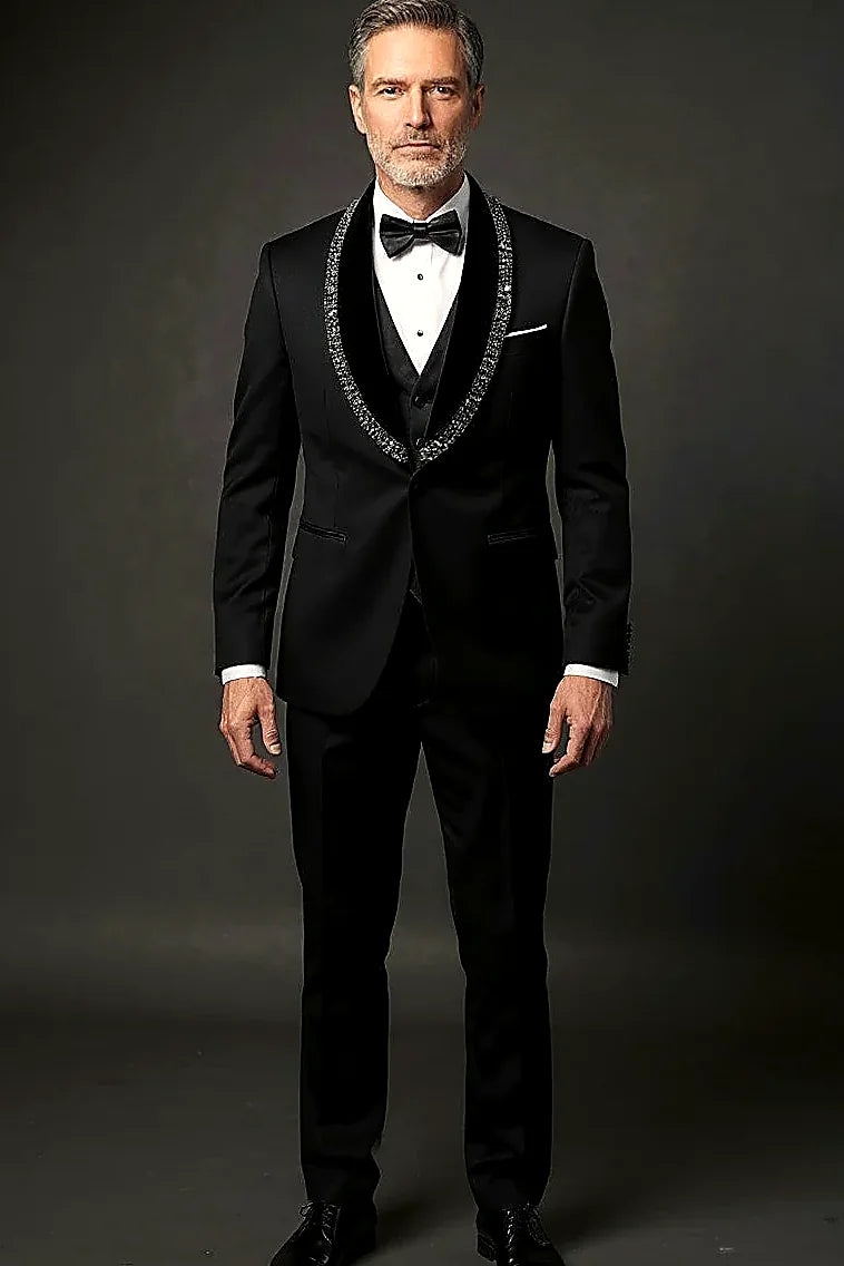 Men's Deep Blue Velvet Tuxedo with Crystal Embellished Lapel -