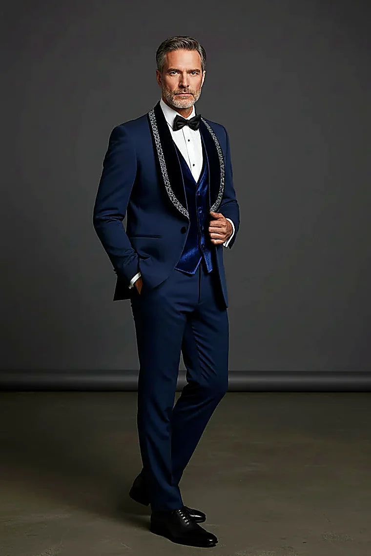 Deep Blue Velvet Tuxedo showing hand-applied crystals catching light along a velvet shawl lapel
