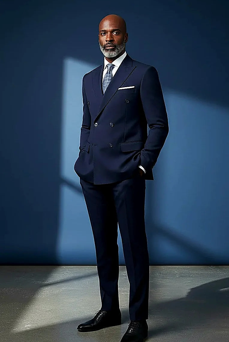Navy Double-Breasted Suit — a six-button double-breasted front framed by peak lapels