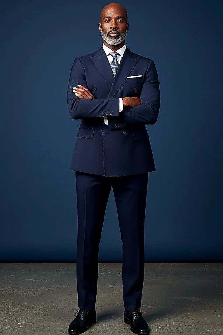 Navy Double-Breasted Suit showing a six-button double-breasted front framed by peak lapels