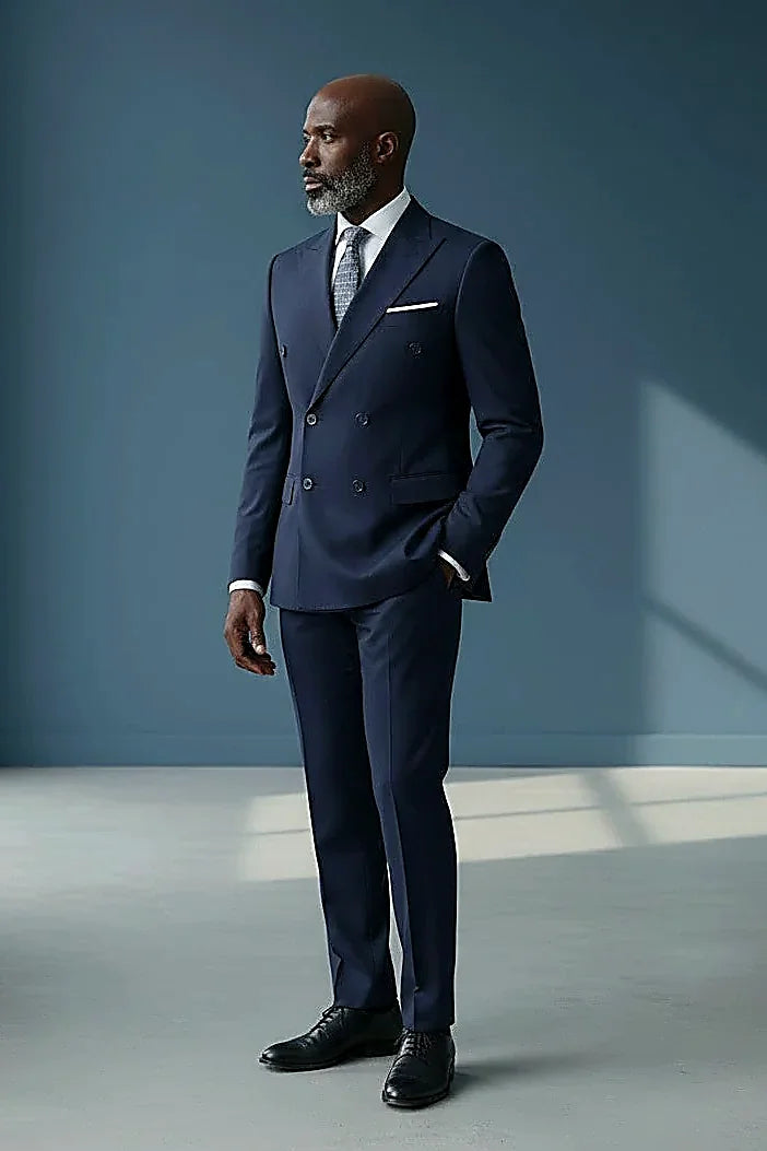 a six-button double-breasted front framed by peak lapels