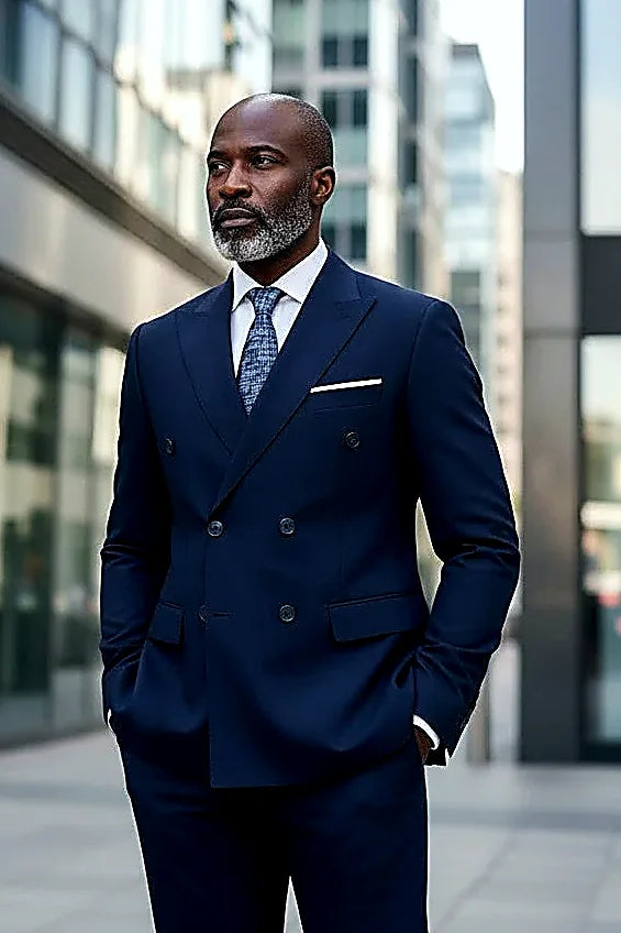 a six-button double-breasted front framed by peak lapels, on this navy Double-Breasted Suit