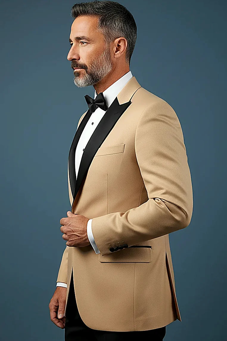 a sleek black shawl lapel against a luxurious white jacket, on this white Tuxedo Jacket