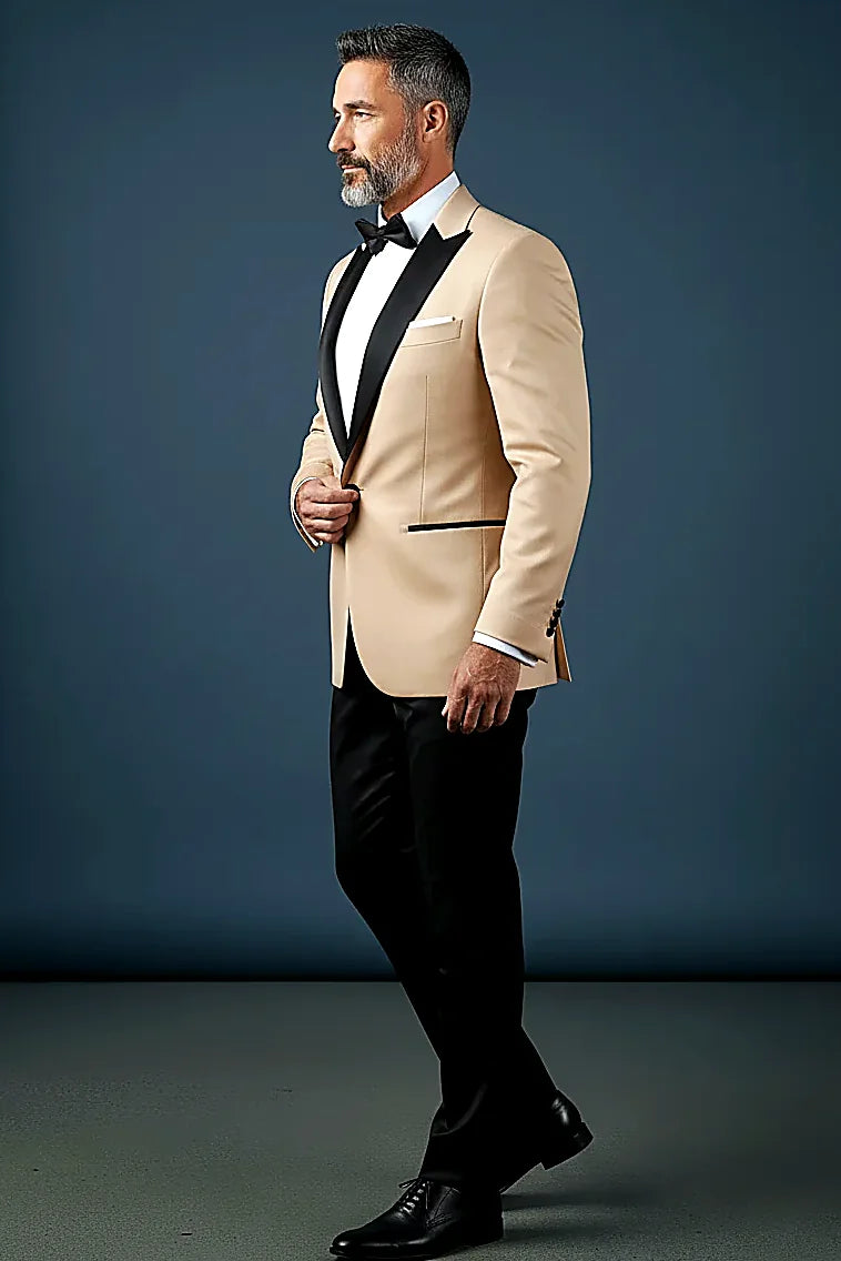 White Tuxedo Jacket showing a sleek black shawl lapel against a luxurious white jacket