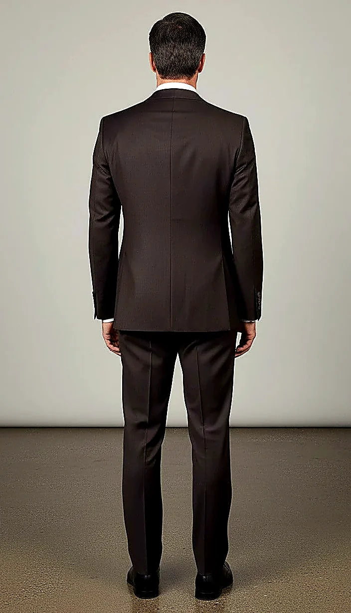 Dark Purple Wool Two-Piece showing functional sleeve buttons and flap hip pockets on dark purple wool