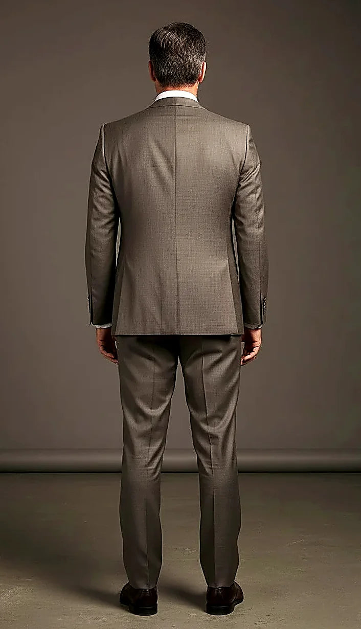 a wrinkle-resistant taupe wool blend with a refined sheen, on this taupe Wool Two-Piece Suit