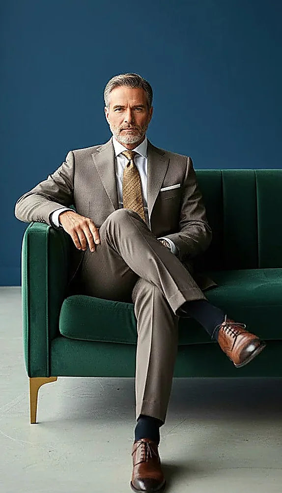 a wrinkle-resistant taupe wool blend with a refined sheen