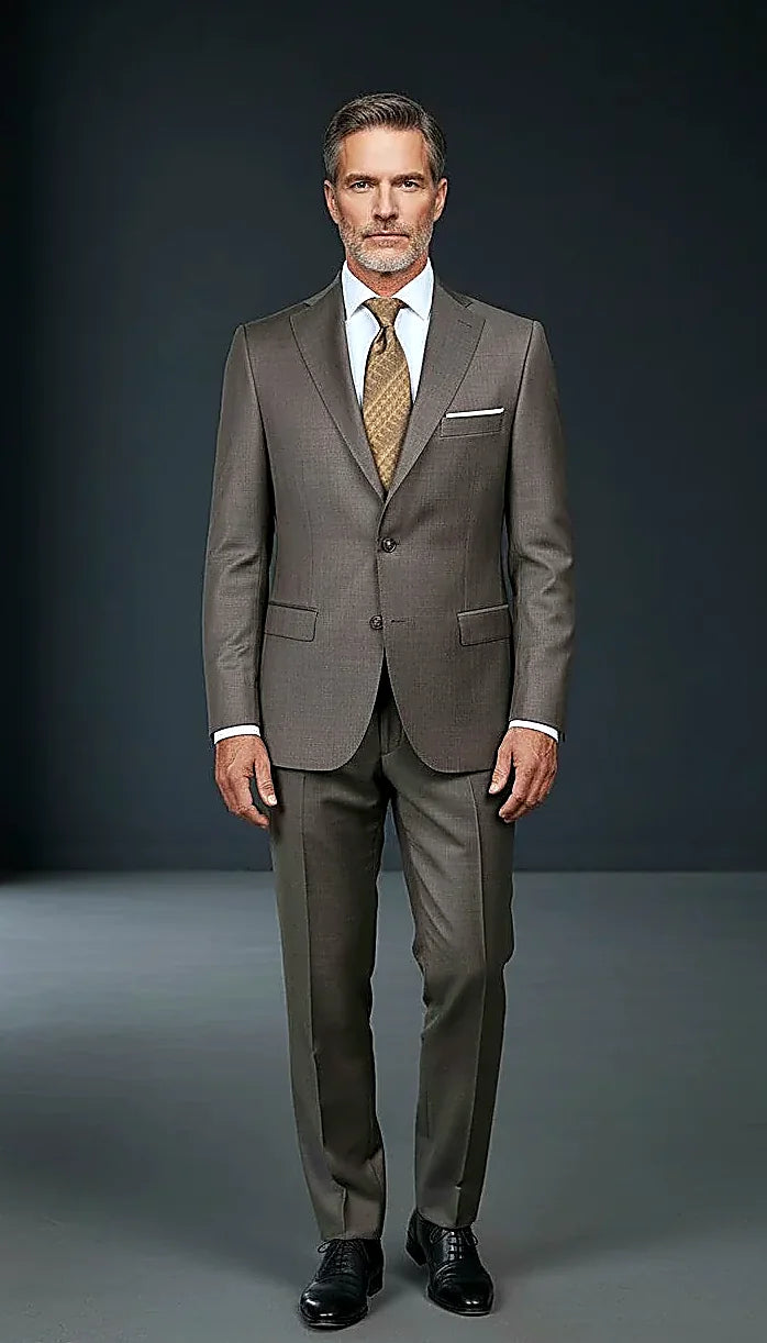 Taupe Wool Two-Piece Suit showing a wrinkle-resistant taupe wool blend with a refined sheen