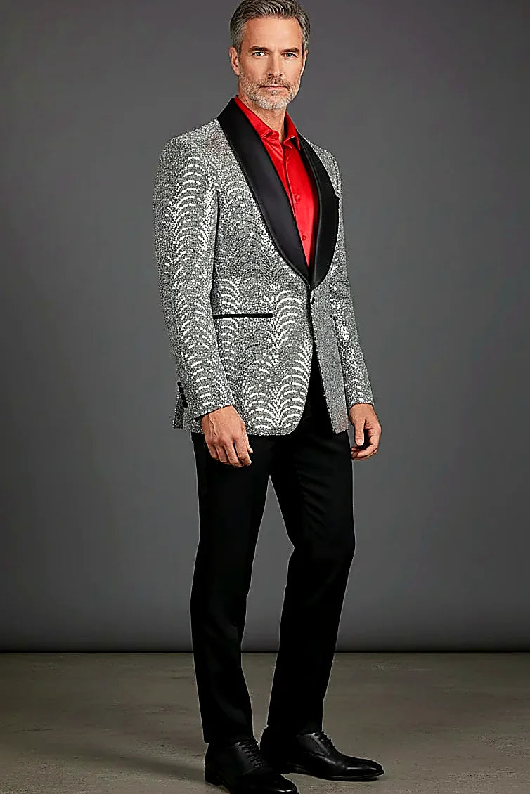 Men's Silver Sequin Blazer - Slim Fit Shawl Lapel Formal Jacket