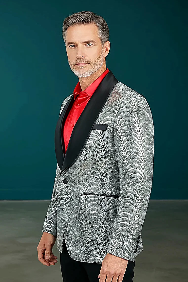 silver sequins beneath a luxurious satin shawl lapel