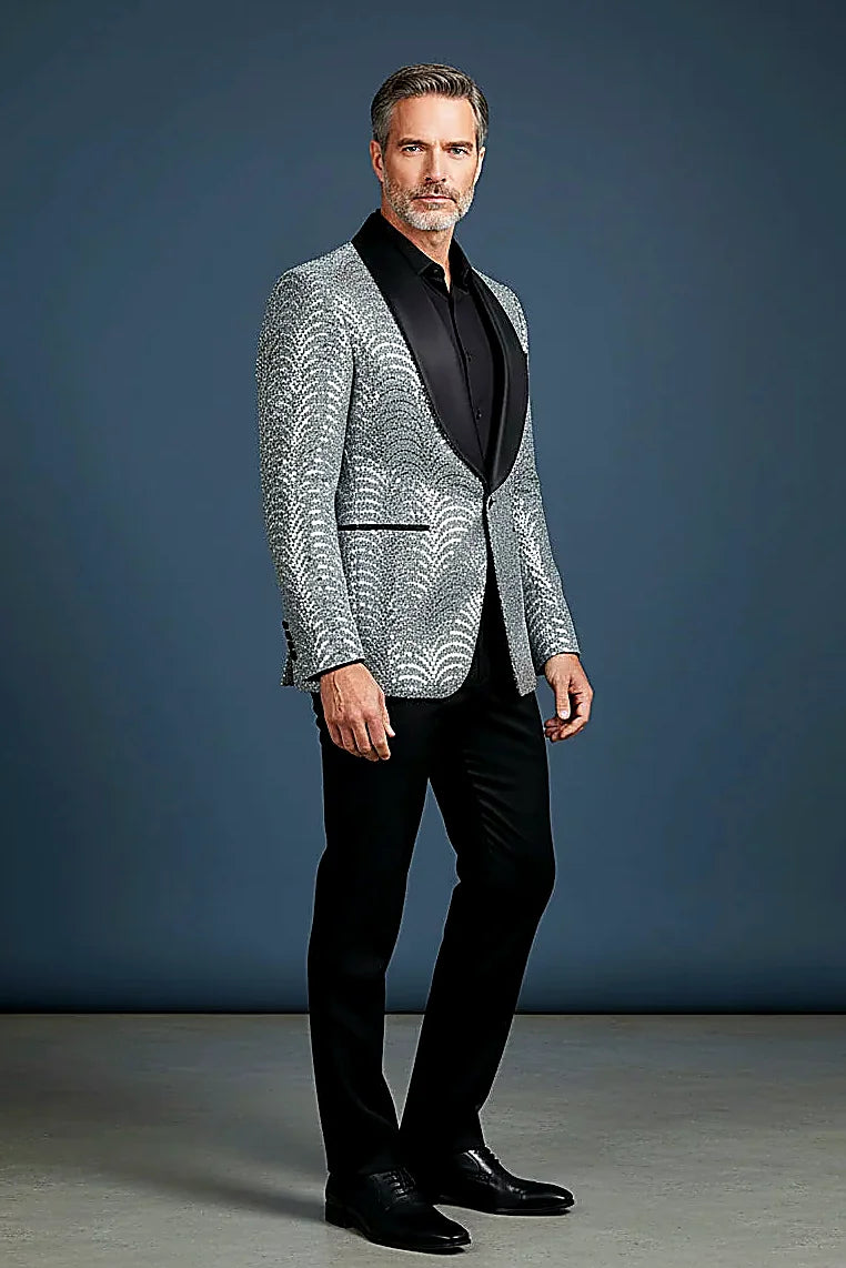Men's Silver Sequin Blazer - Slim Fit Shawl Lapel Formal Jacket
