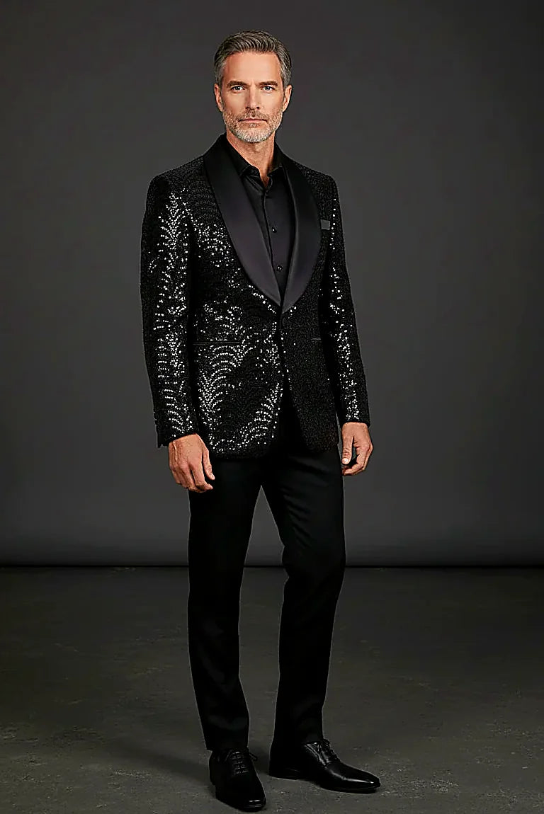Men's Silver Sequin Blazer - Slim Fit Shawl Lapel Formal Jacket