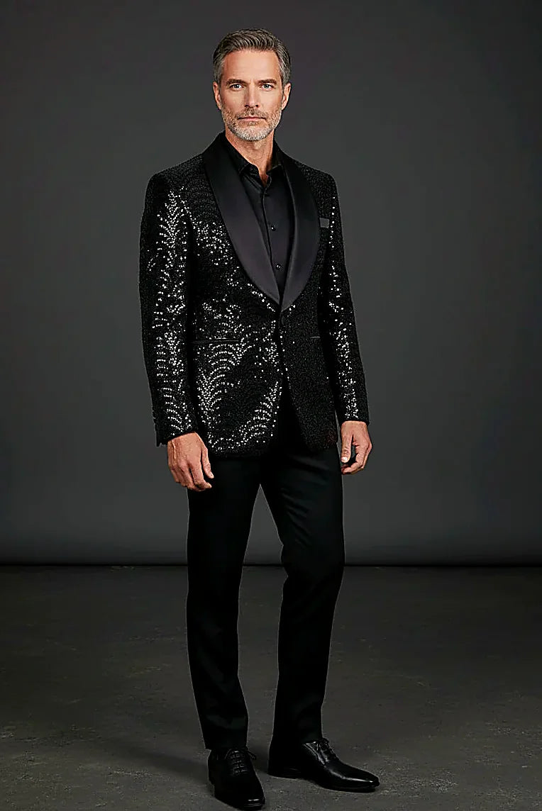 Men's Silver Sequin Blazer - Slim Fit Shawl Lapel Formal Jacket