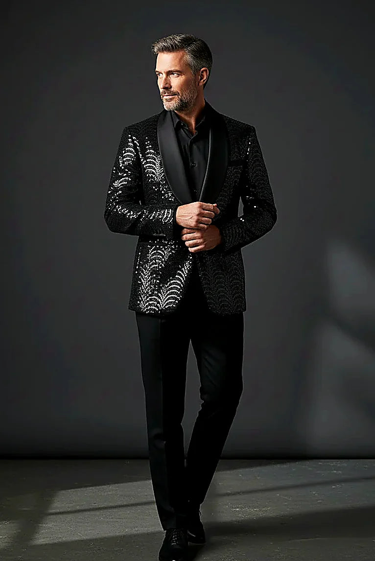 Men's Silver Sequin Blazer - Slim Fit Shawl Lapel Formal Jacket