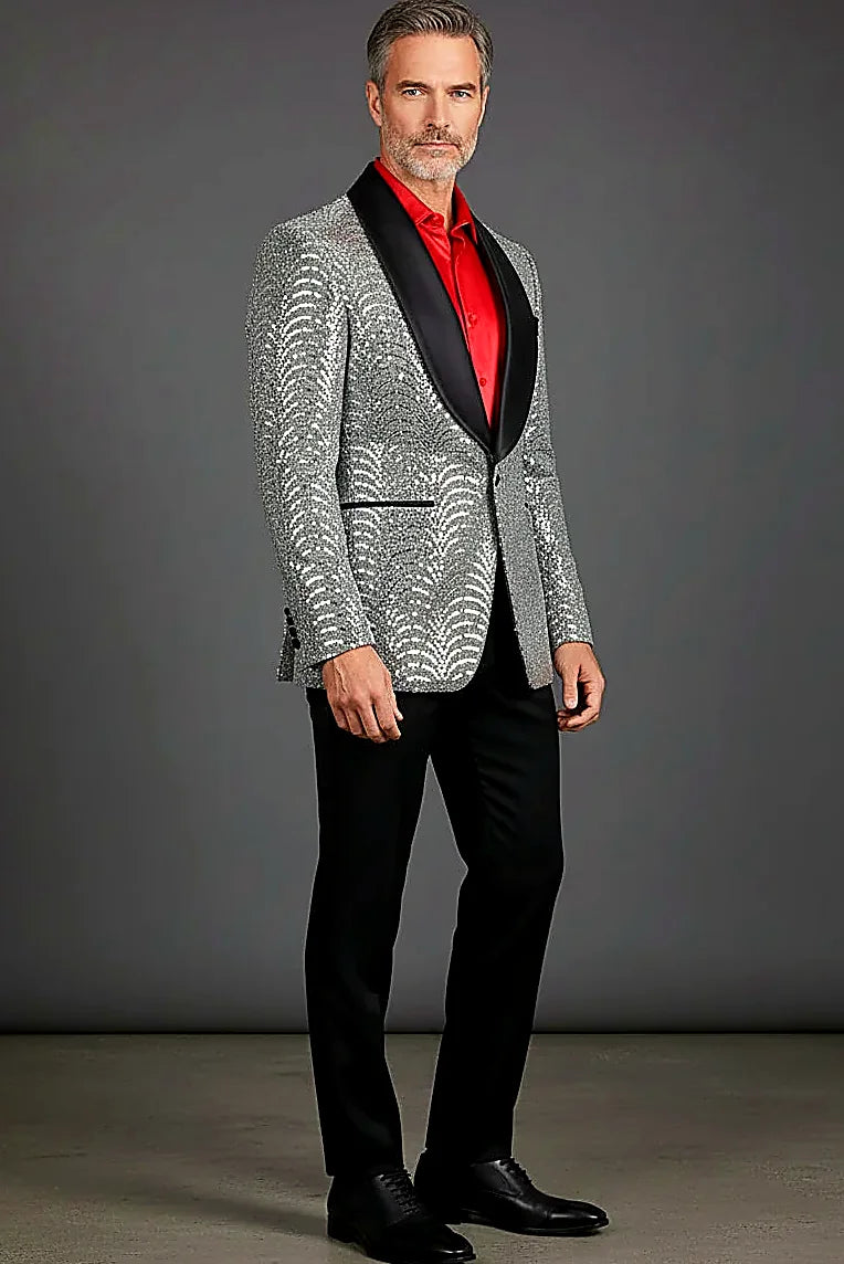 Men's Silver Sequin Blazer - Slim Fit Shawl Lapel Formal Jacket